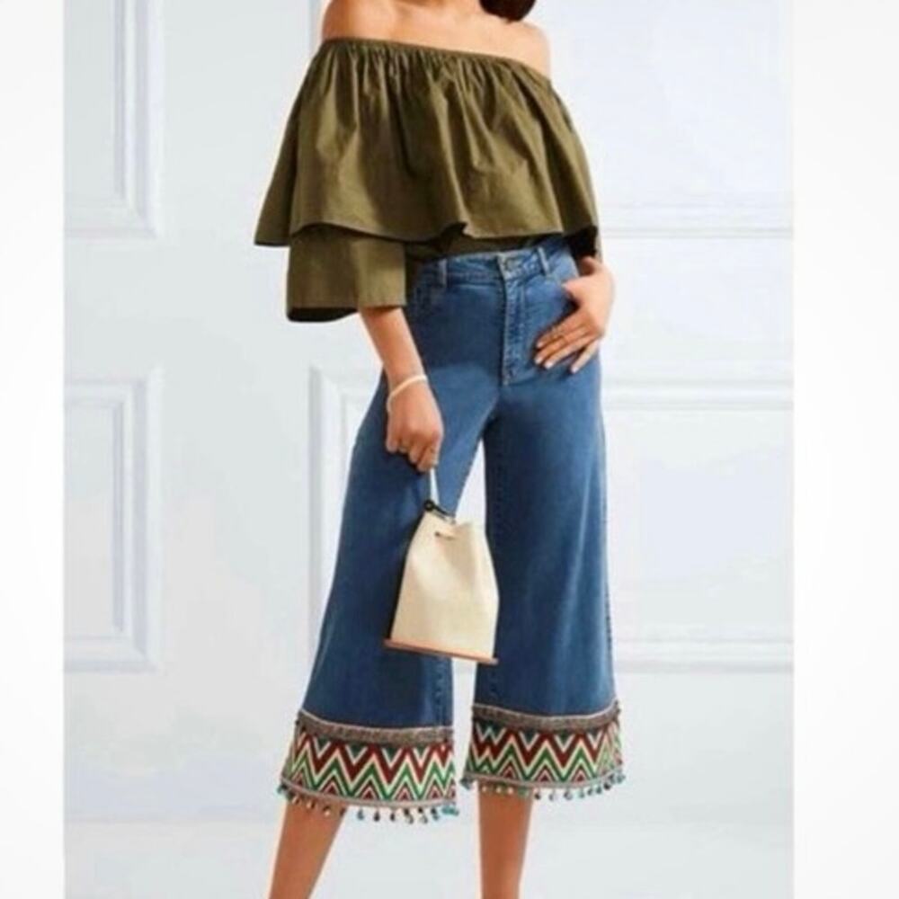Alice Olivia Beta Cropped Wide Leg Jeans Embroidered Pom Pom Boho Denim size 27